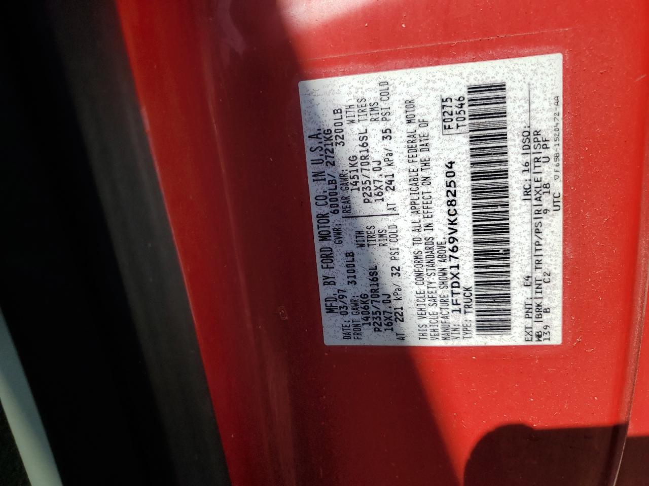 1997 Ford F150 VIN: 1FTDX1769VKC82504 Lot: 65673075