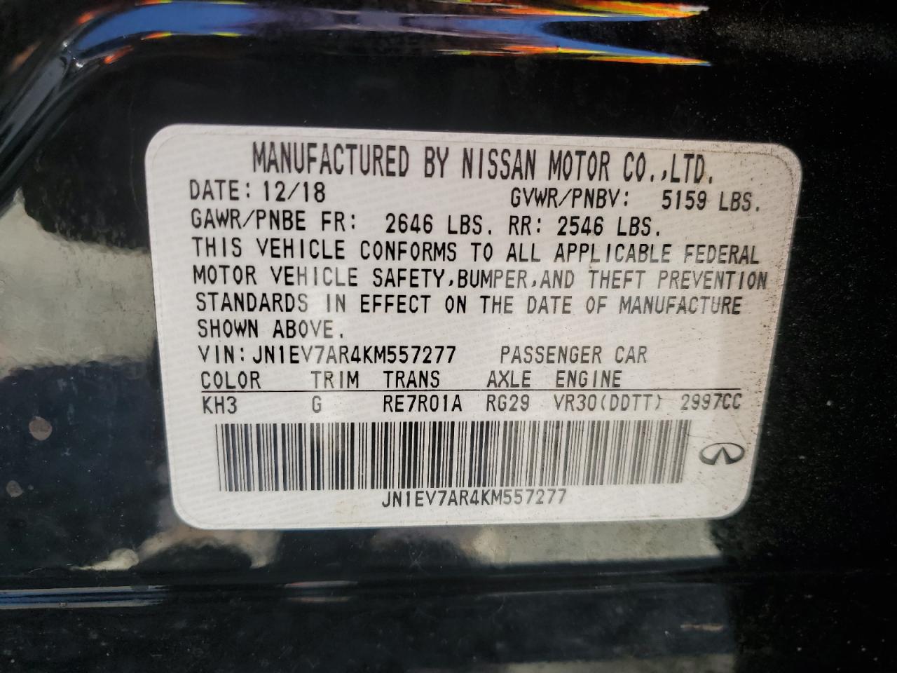 2019 Infiniti Q50 Luxe VIN: JN1EV7AR4KM557277 Lot: 64725755