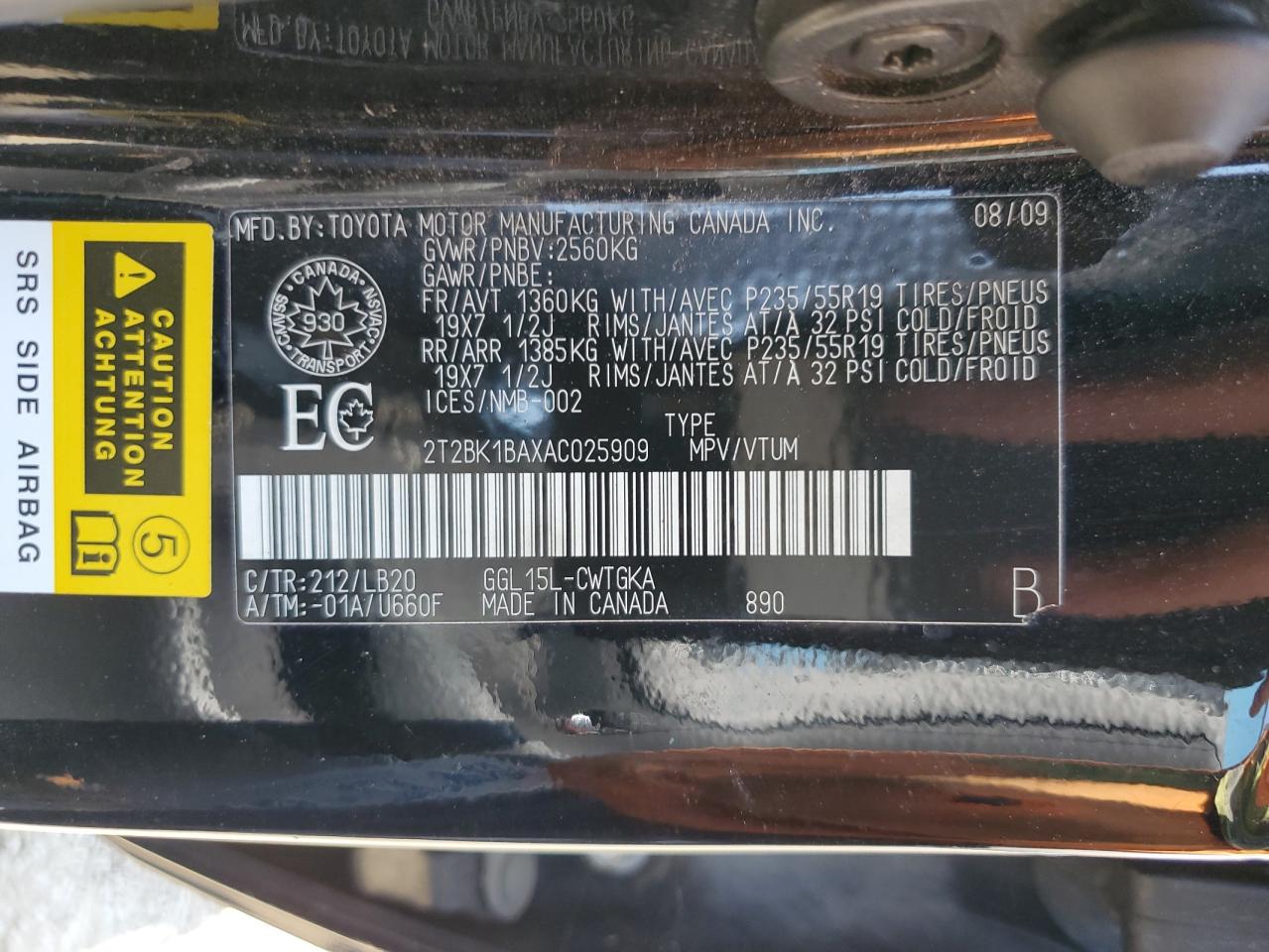 2010 Lexus Rx 350 VIN: 2T2BK1BAXAC025909 Lot: 62785625