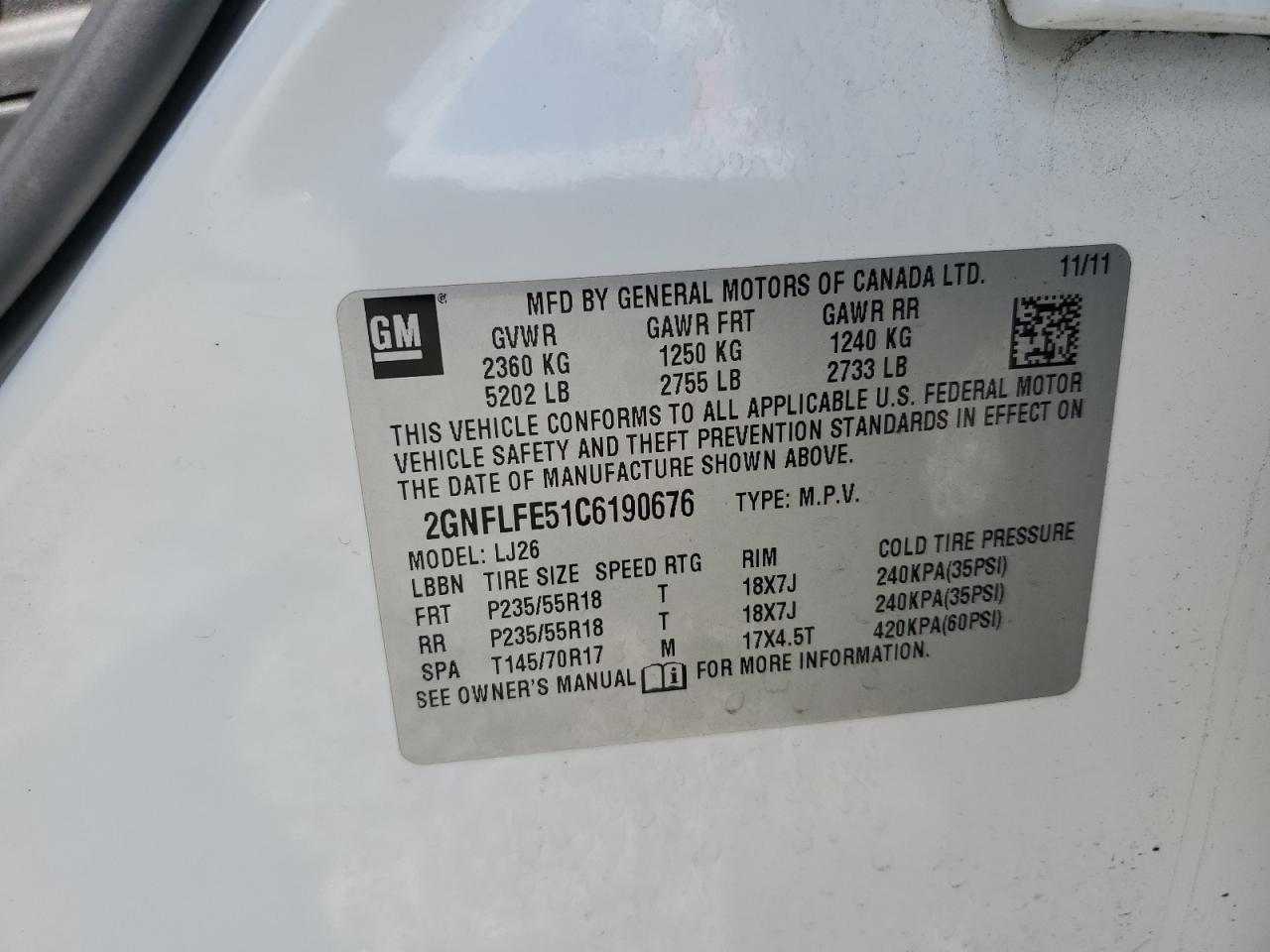 2012 Chevrolet Equinox Ltz VIN: 2GNFLFE51C6190676 Lot: 65129535