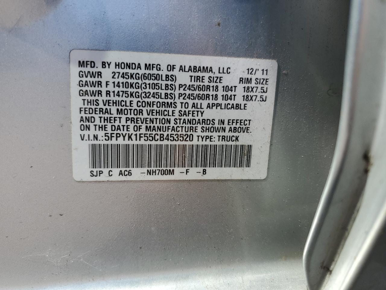 5fpyk1f55cb453520 5FPYK1F55CB453520 2012 Honda Ridgeline Rtl