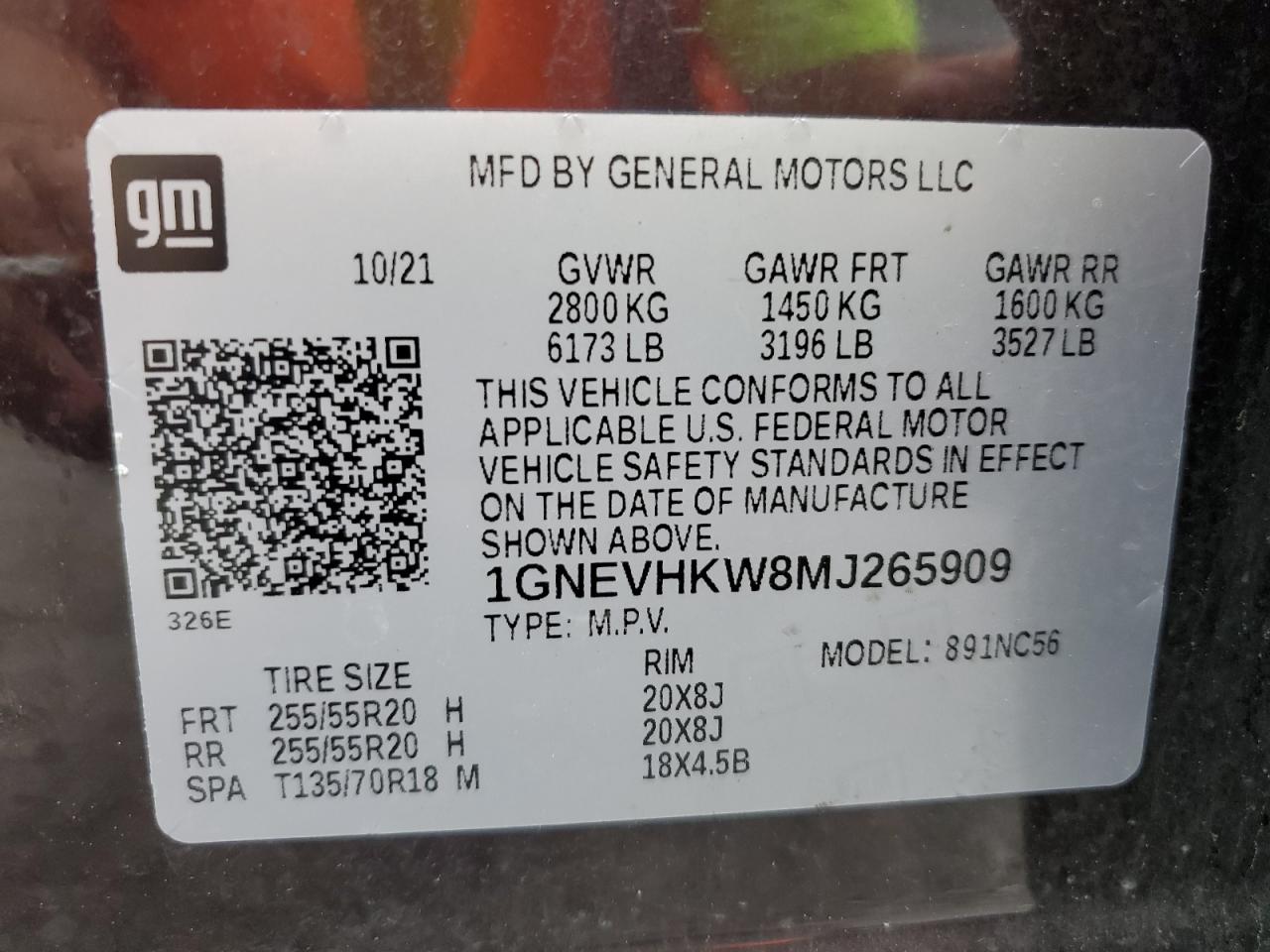 2021 Chevrolet Traverse Lt VIN: 1GNEVHKW8MJ265909 Lot: 64776325