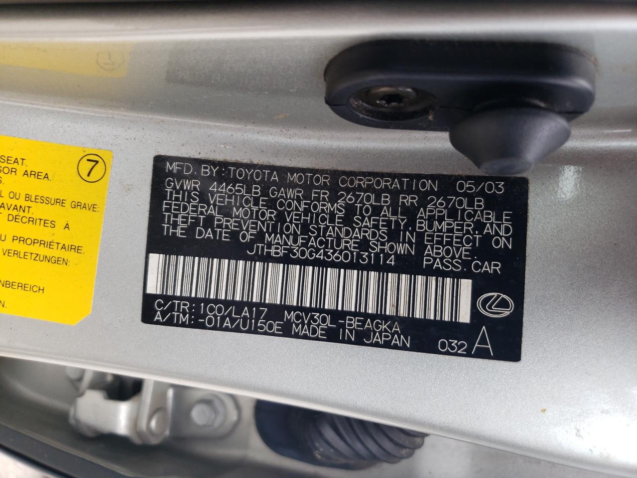 2003 Lexus Es 300 VIN: JTHBF30G436013114 Lot: 65156265
