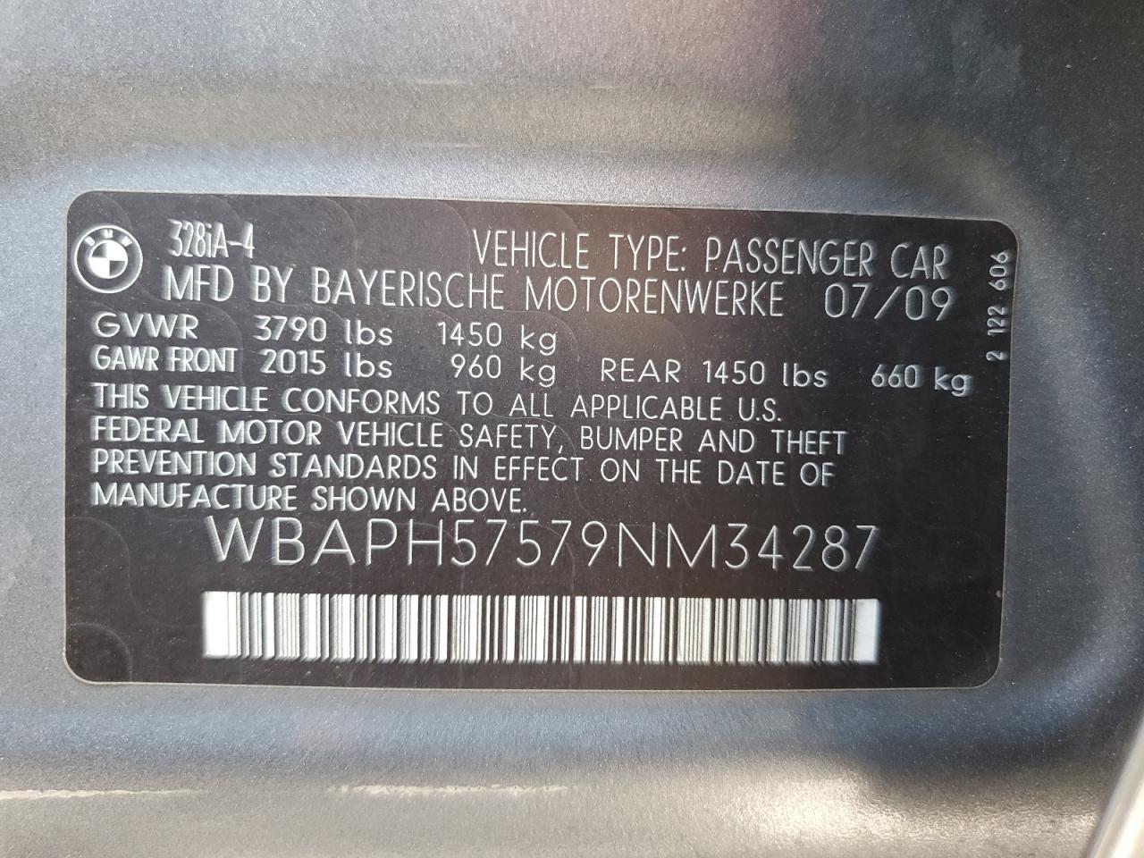 2009 BMW 328 I Sulev VIN: WBAPH57579NM34287 Lot: 64032245