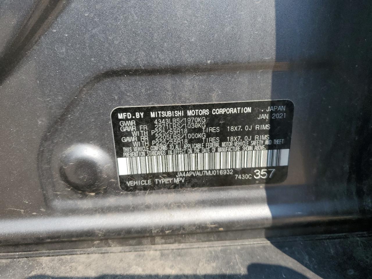 2021 Mitsubishi Outlander Sport Se VIN: JA4APVAU7MU016932 Lot: 67068445