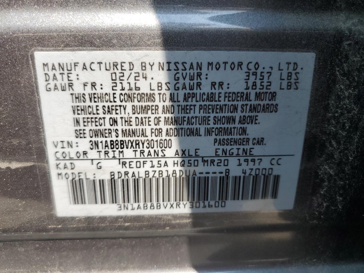 2024 Nissan Sentra S VIN: 3N1AB8BVXRY301600 Lot: 65067005