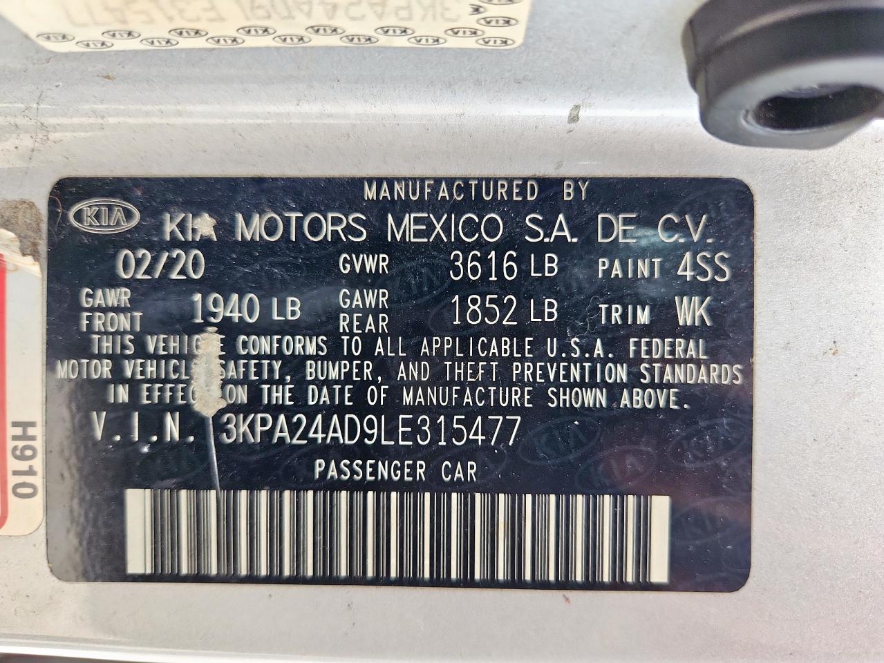 2020 Kia Rio Lx VIN: 3KPA24AD9LE315477 Lot: 63194615
