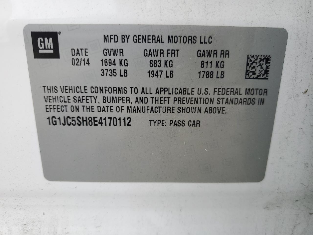 2014 Chevrolet Sonic Lt VIN: 1G1JC5SH8E4170112 Lot: 62770445