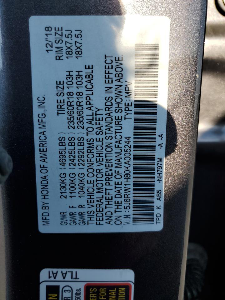 2019 Honda Cr-V Exl VIN: 5J6RW1H80KA005244 Lot: 63068305