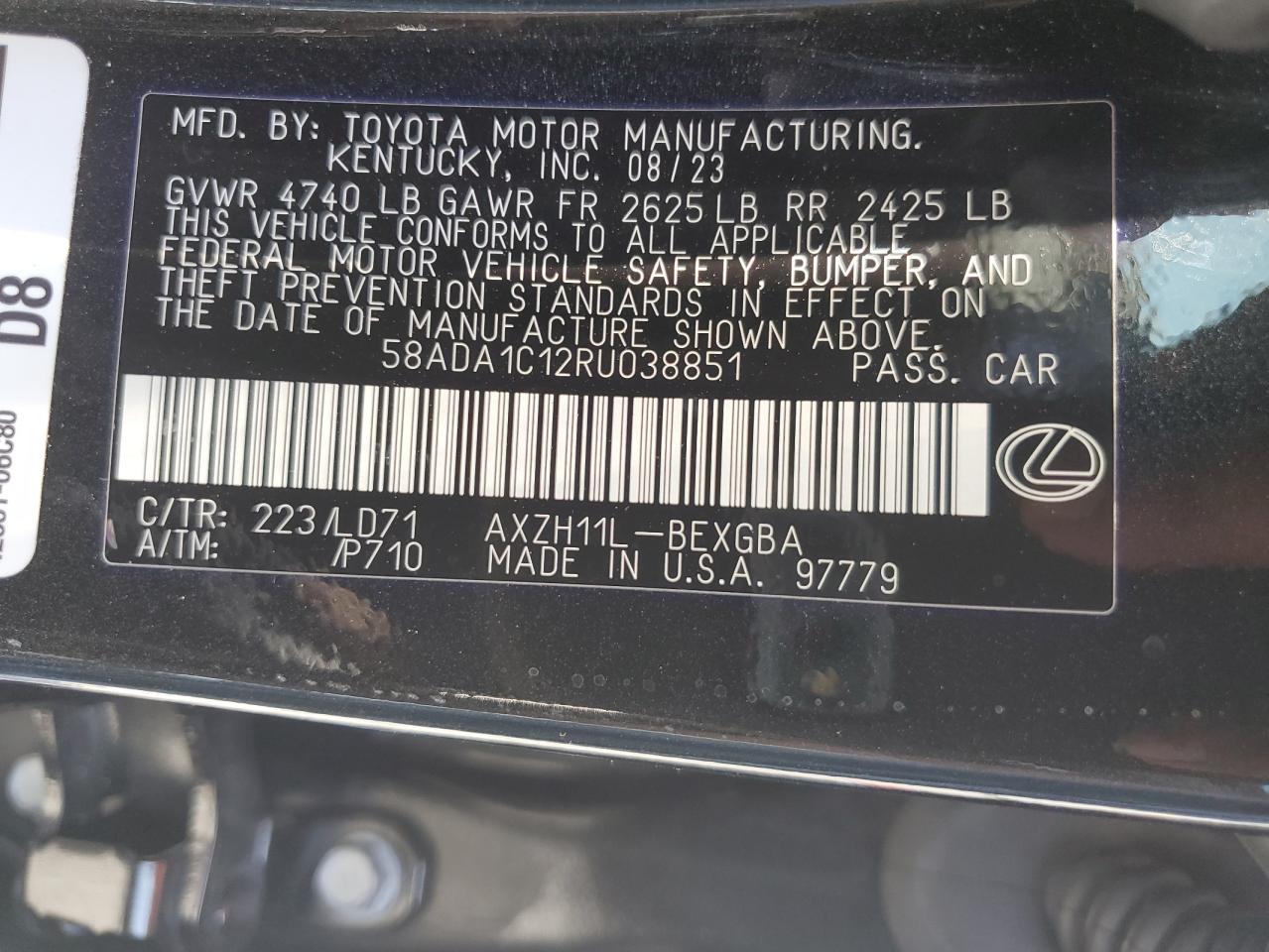 2024 Lexus Es 300H Base VIN: 58ADA1C12RU038851 Lot: 82108265