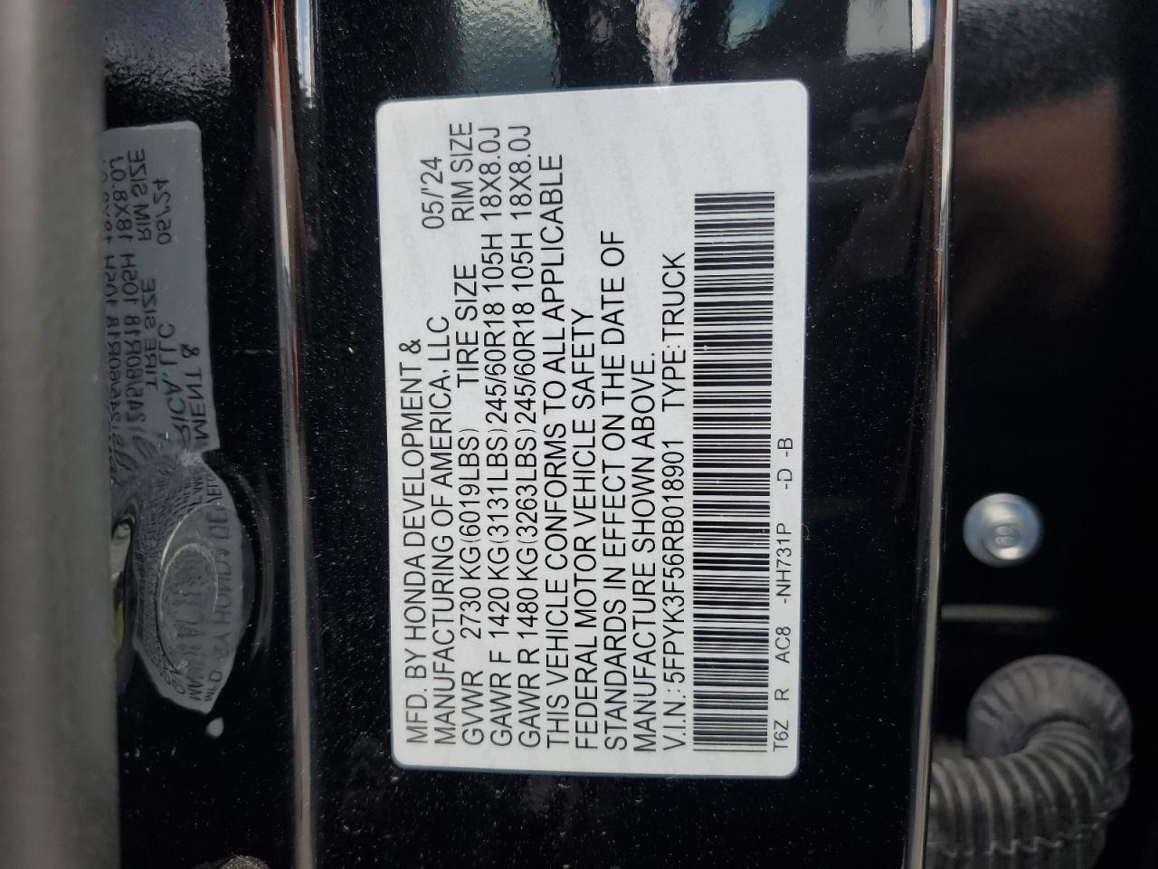 2024 Honda Ridgeline Rtl VIN: 5FPYK3F56RB018901 Lot: 65045295