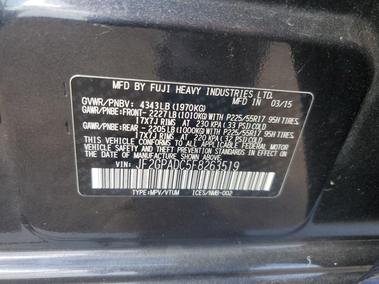 2015 Subaru Xv Crosstrek 2.0 Premium VIN: JF2GPADC5F8263519 Lot: 63908775