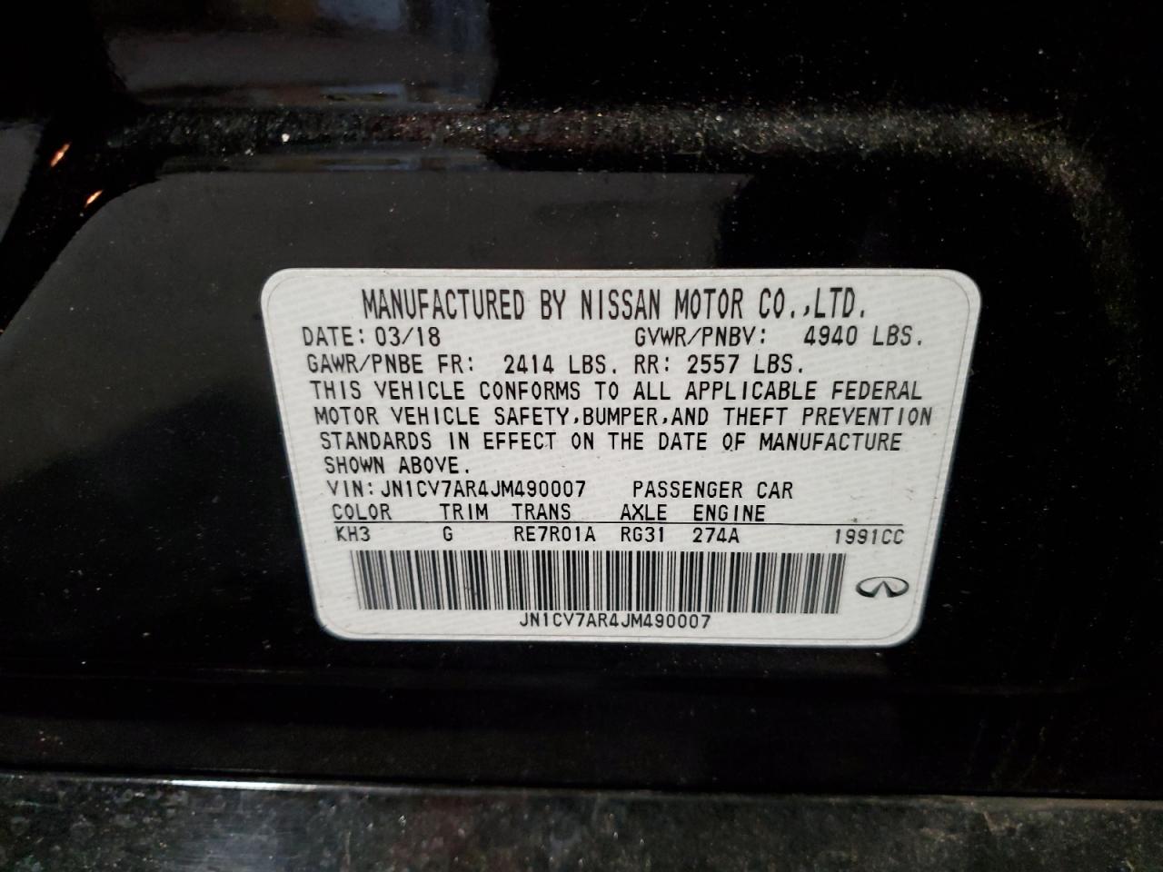 2018 Infiniti Q50 Pure VIN: JN1CV7AR4JM490007 Lot: 64189595