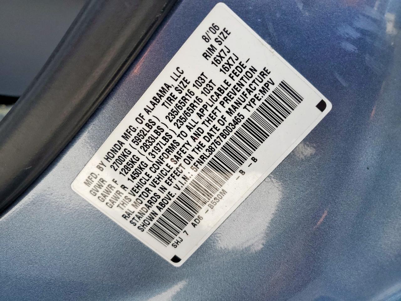 2007 Honda Odyssey Exl VIN: 5FNRL38767B003465 Lot: 64741845