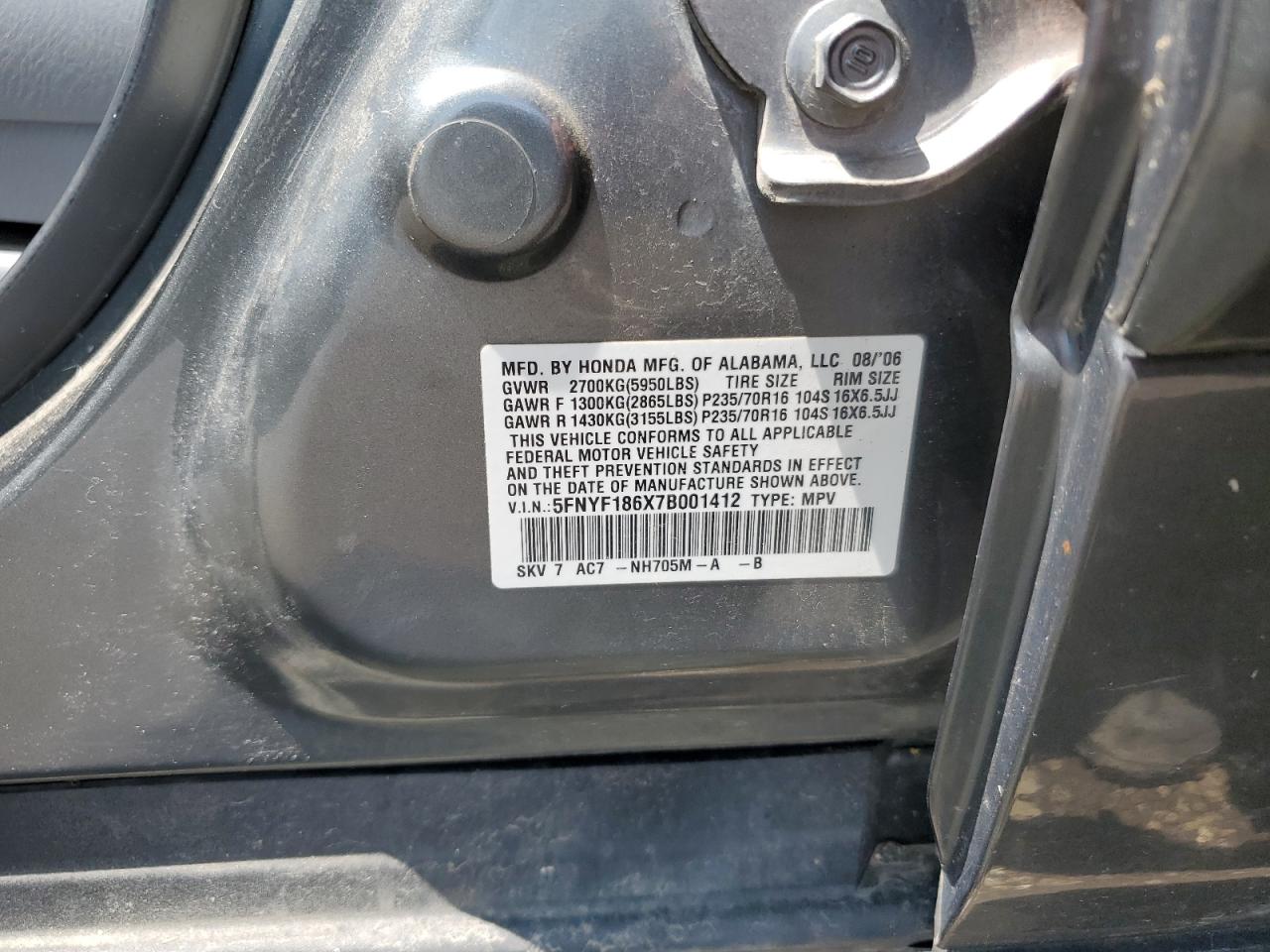 2007 Honda Pilot Exl VIN: 5FNYF186X7B001412 Lot: 64380445