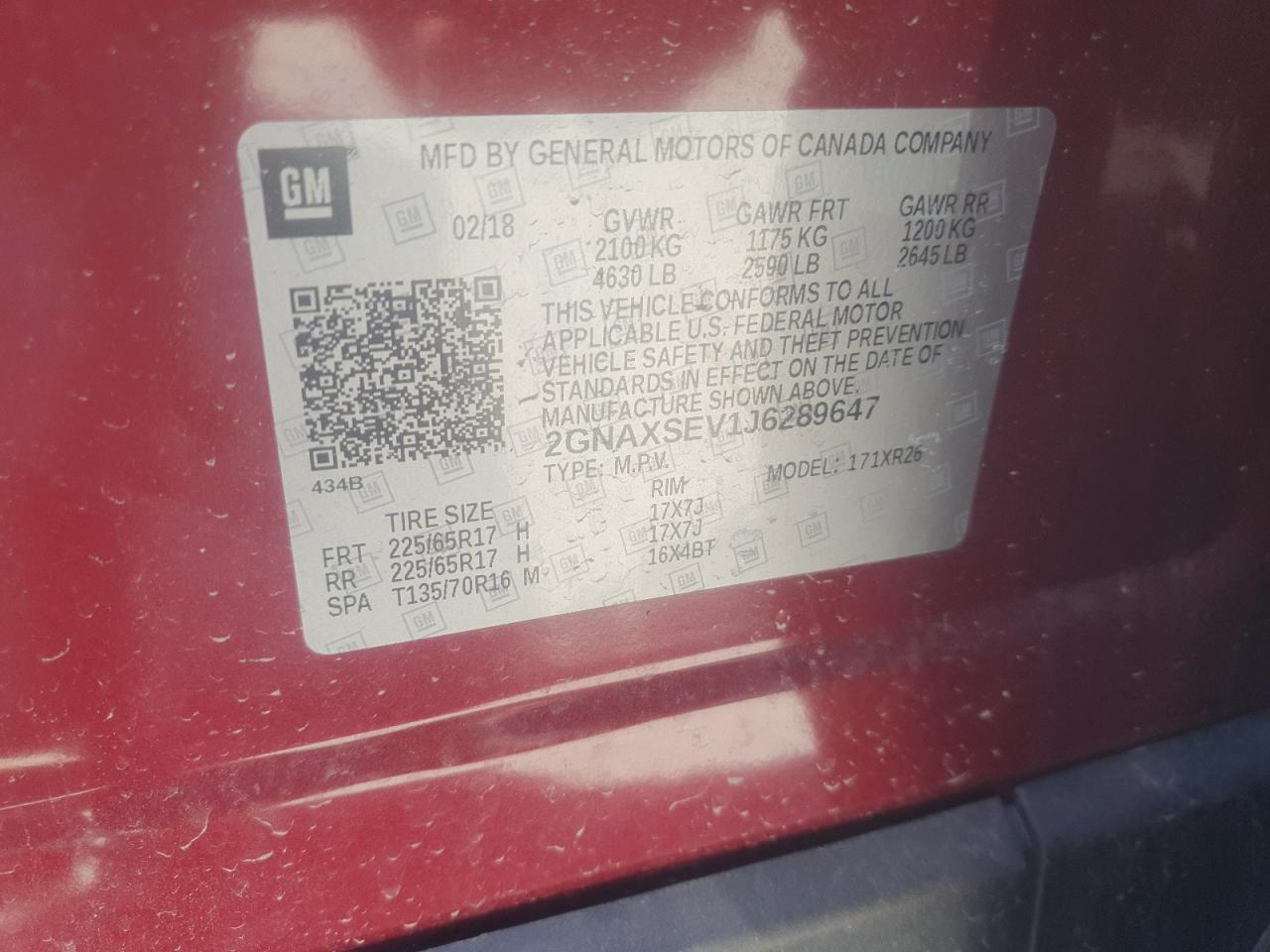 2018 Chevrolet Equinox Lt VIN: 2GNAXSEV1J6289647 Lot: 66568185