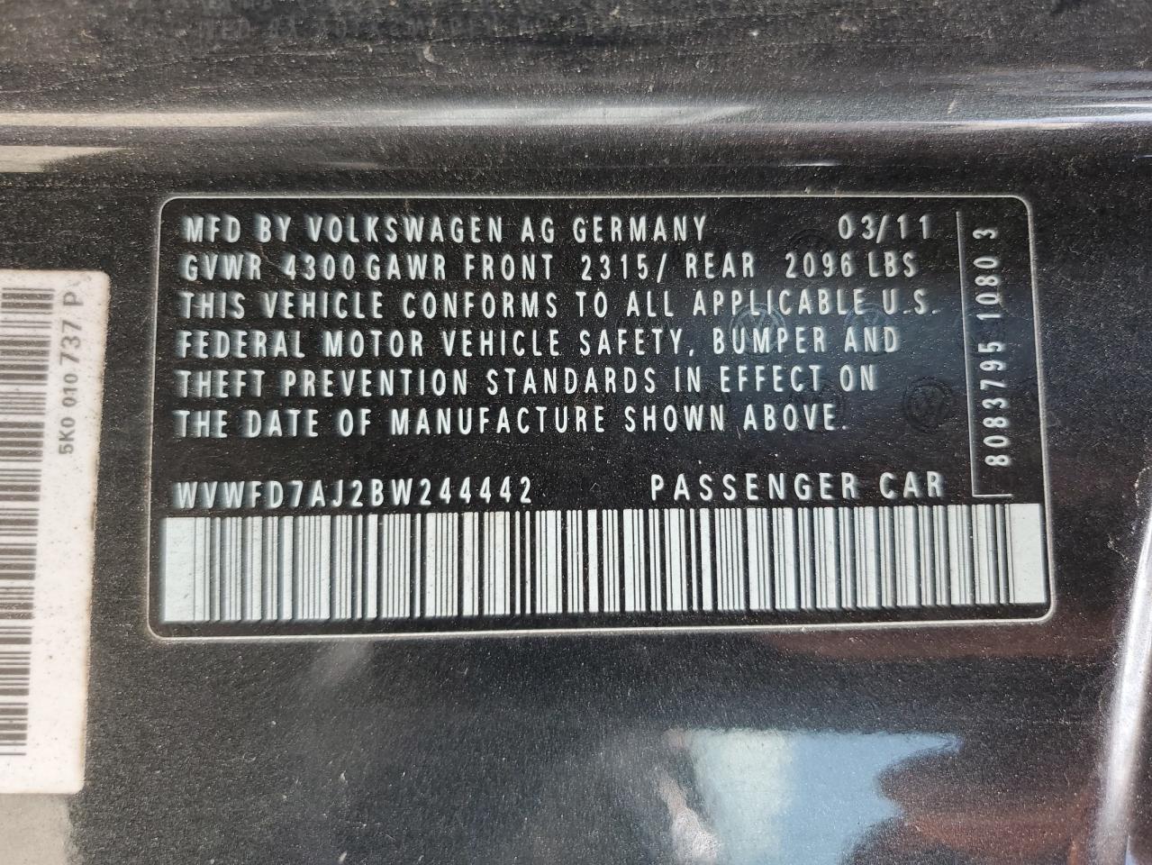 2011 Volkswagen Gti VIN: WVWFD7AJ2BW244442 Lot: 63821305