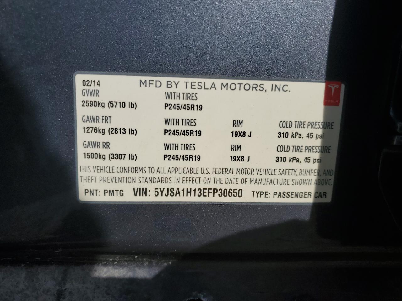 2014 Tesla Model S VIN: 5YJSA1H13EFP30650 Lot: 64719945