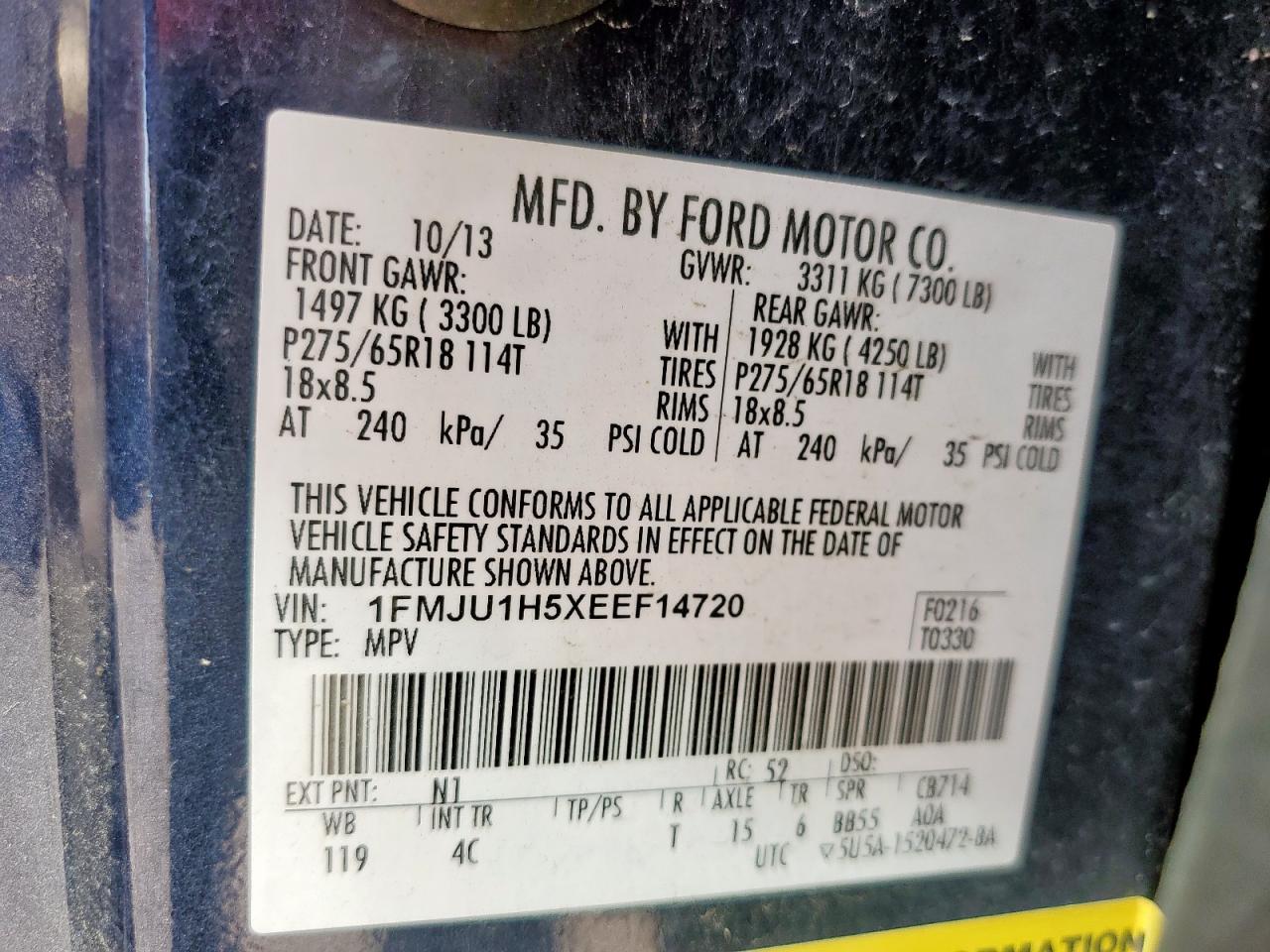 2014 Ford Expedition Xlt VIN: 1FMJU1H5XEEF14720 Lot: 64371465