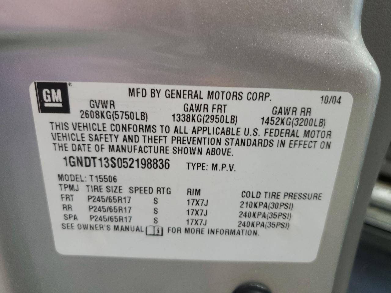 2005 Chevrolet Trailblazer Ls VIN: 1GNDT13S052198836 Lot: 63569255