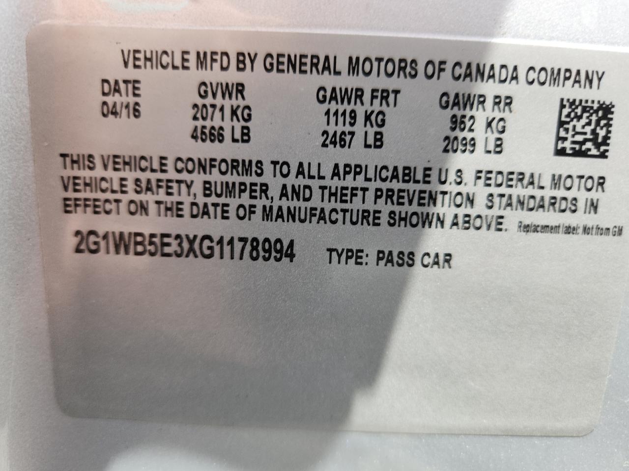 2016 Chevrolet Impala Limited Lt VIN: 2G1WB5E3XG1178994 Lot: 64478825