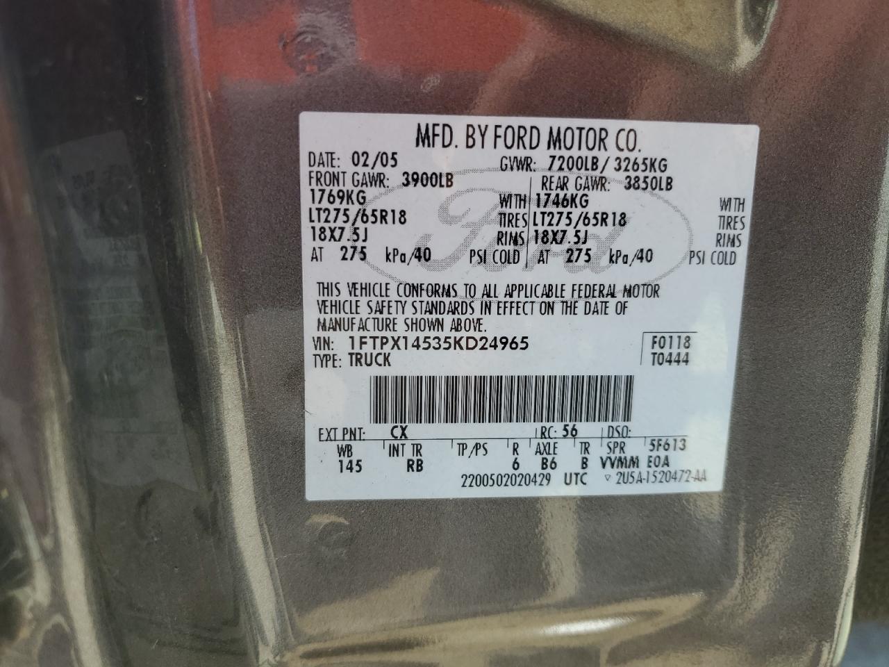 2005 Ford F150 VIN: 1FTPX14535KD24965 Lot: 66899015