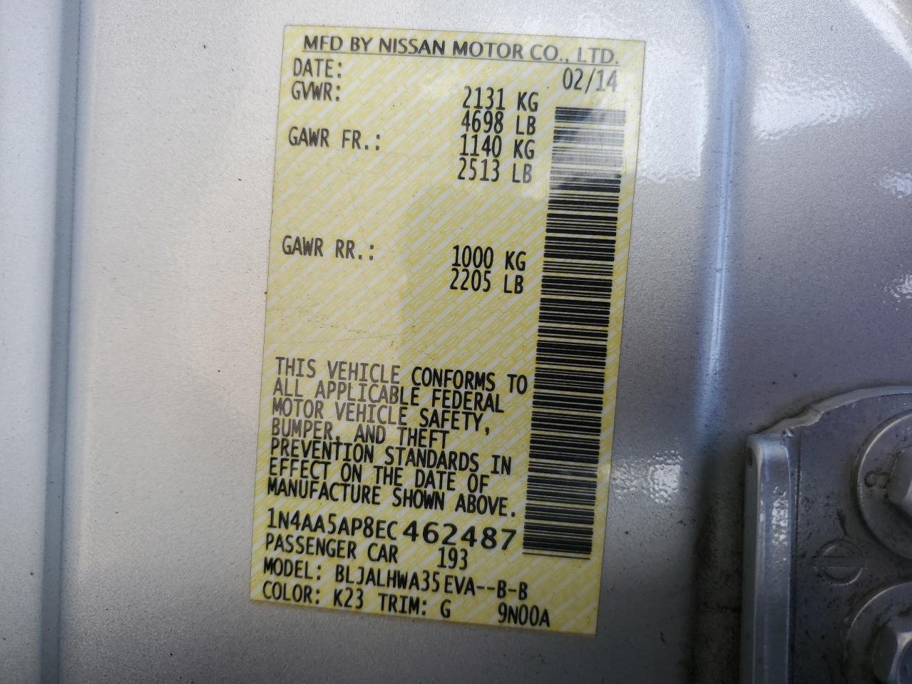 2014 Nissan Maxima S VIN: 1N4AA5AP8EC462487 Lot: 64989375