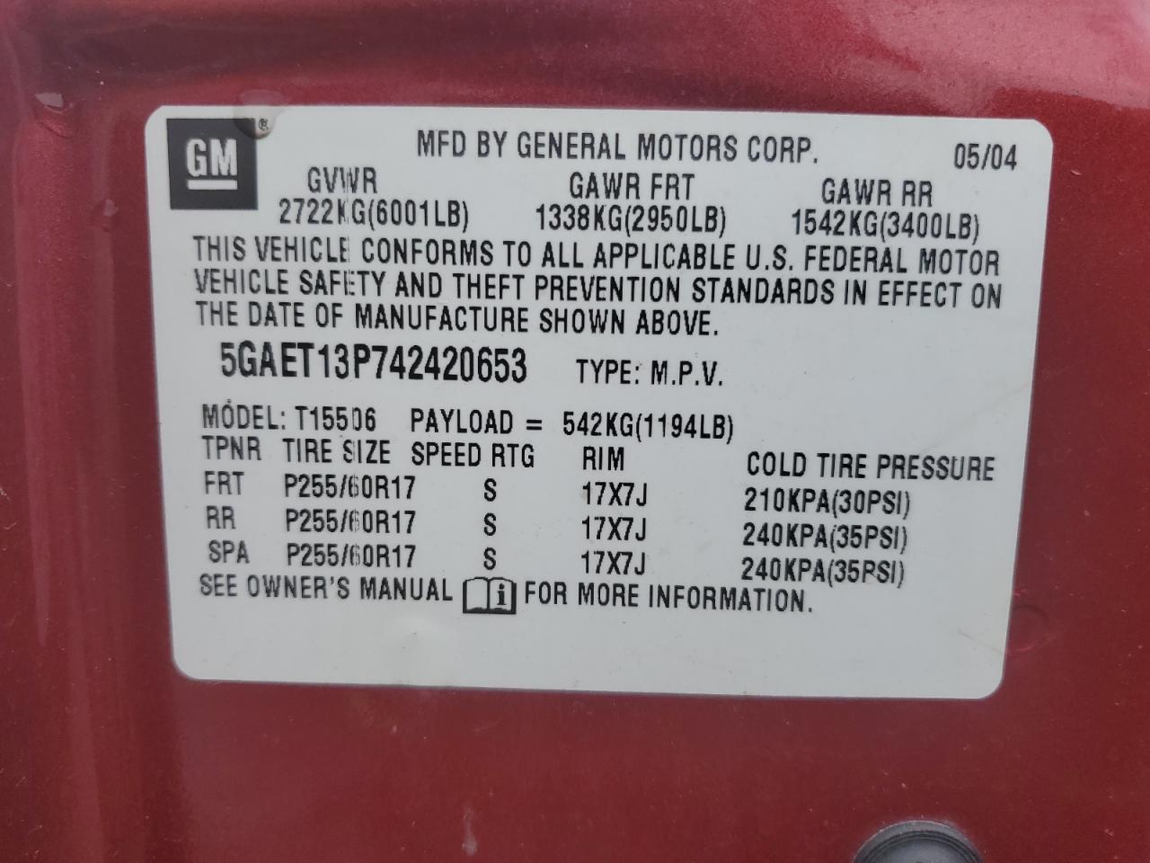 2004 Buick Rainier Cxl VIN: 5GAET13P742420653 Lot: 66348205