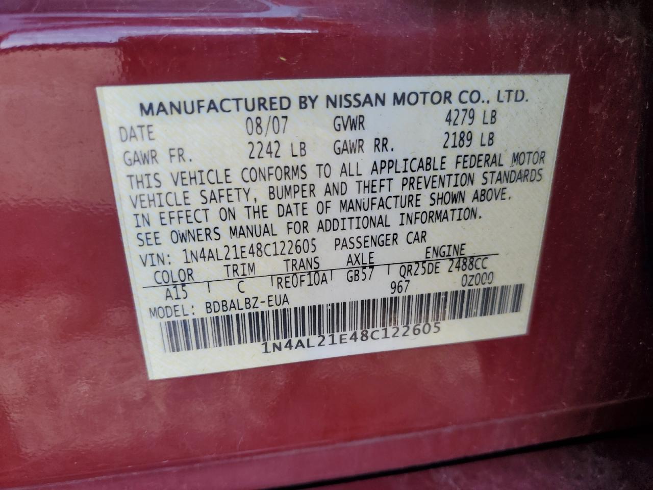 2008 Nissan Altima 2.5 VIN: 1N4AL21E48C122605 Lot: 64205205