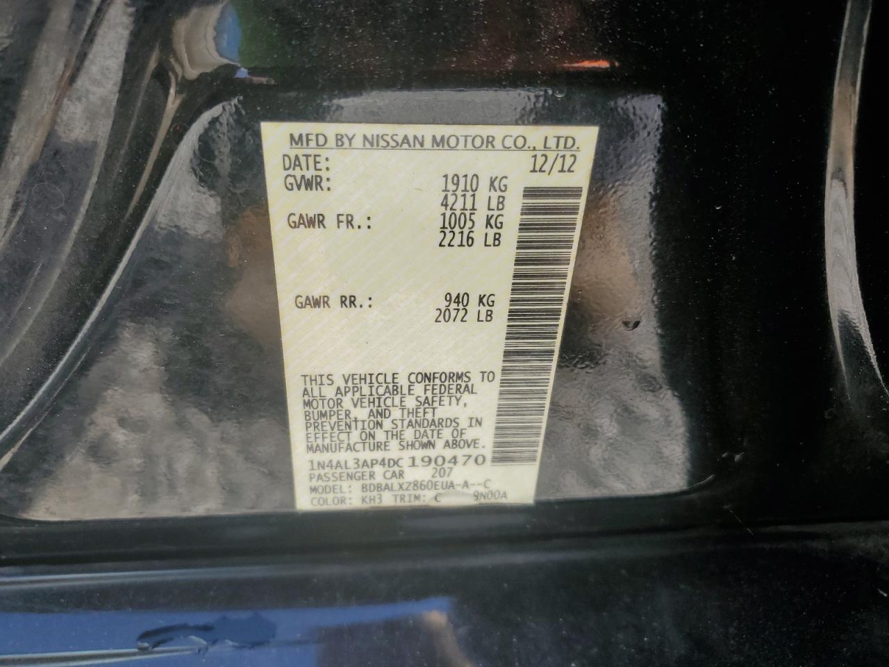 2013 Nissan Altima 2.5 VIN: 1N4AL3AP4DC190470 Lot: 65625335