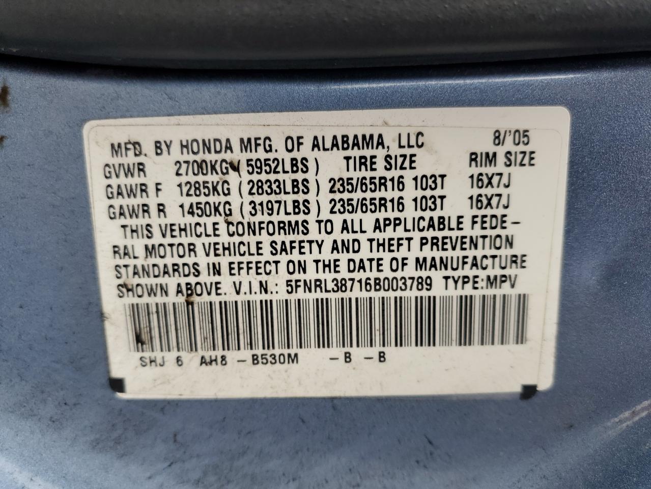 2006 Honda Odyssey Exl VIN: 5FNRL38716B003789 Lot: 65014545