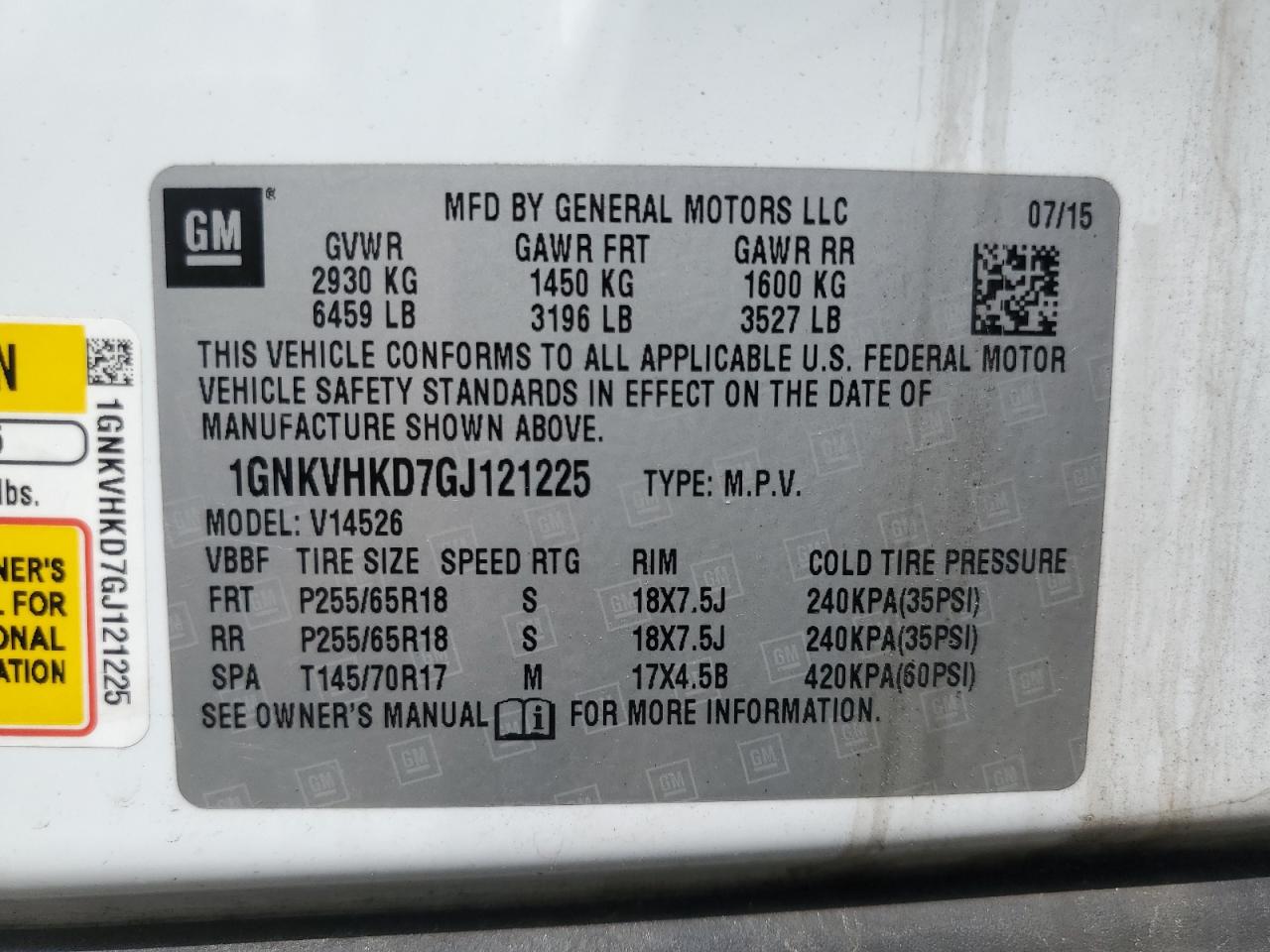 2016 Chevrolet Traverse Lt VIN: 1GNKVHKD7GJ121225 Lot: 65060815
