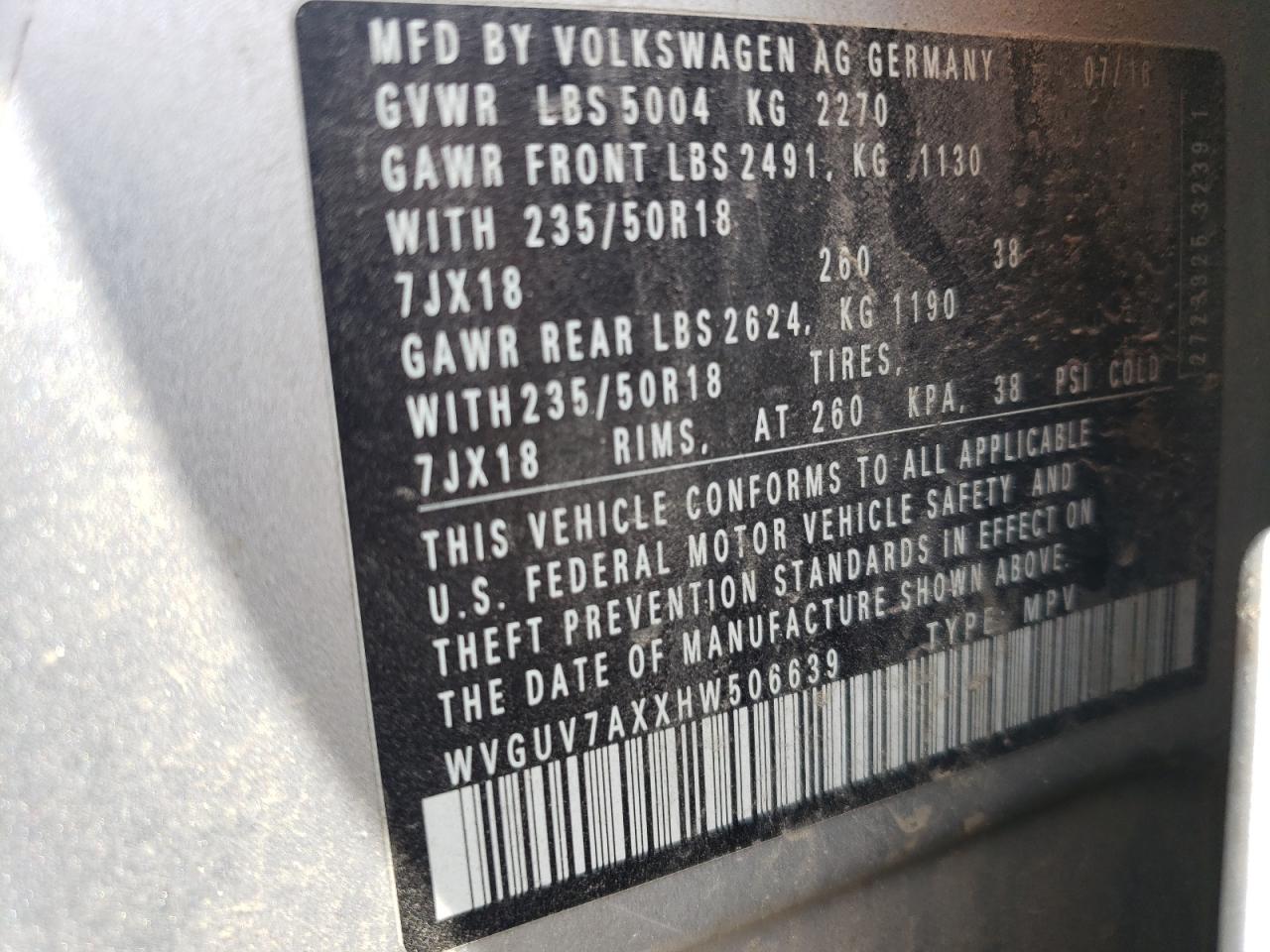 2017 Volkswagen Tiguan Sport VIN: WVGUV7AXXHW506639 Lot: 63419115