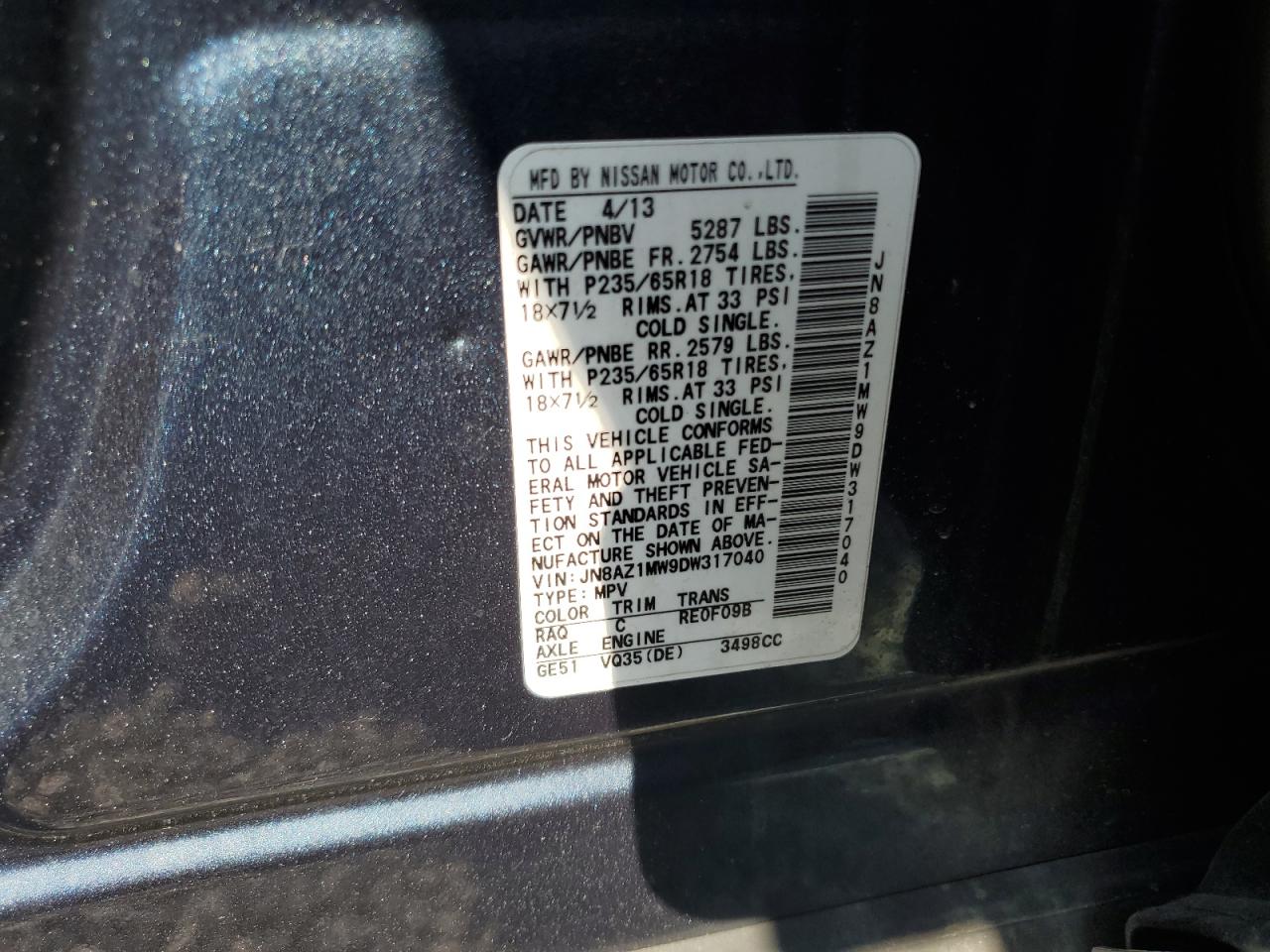 2013 Nissan Murano S VIN: JN8AZ1MW9DW317040 Lot: 64290095