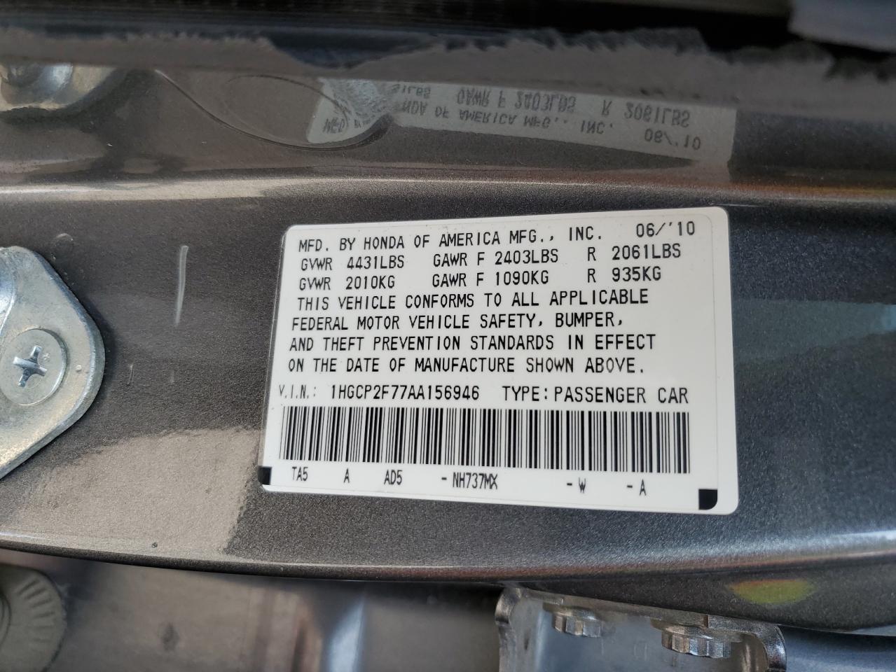 2010 Honda Accord Ex VIN: 1HGCP2F77AA156946 Lot: 64293685