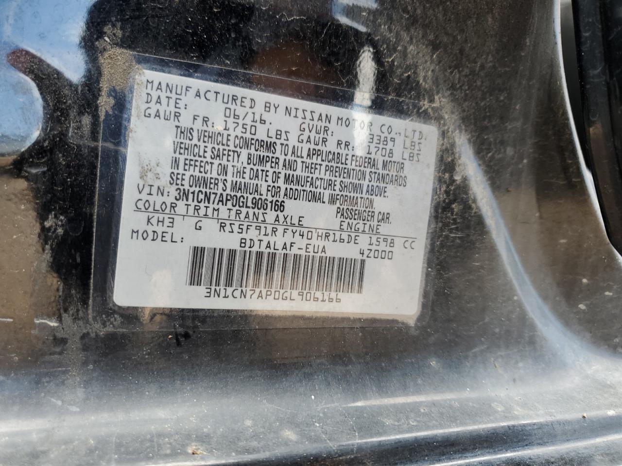 2016 Nissan Versa S VIN: 3N1CN7AP0GL906166 Lot: 63160195