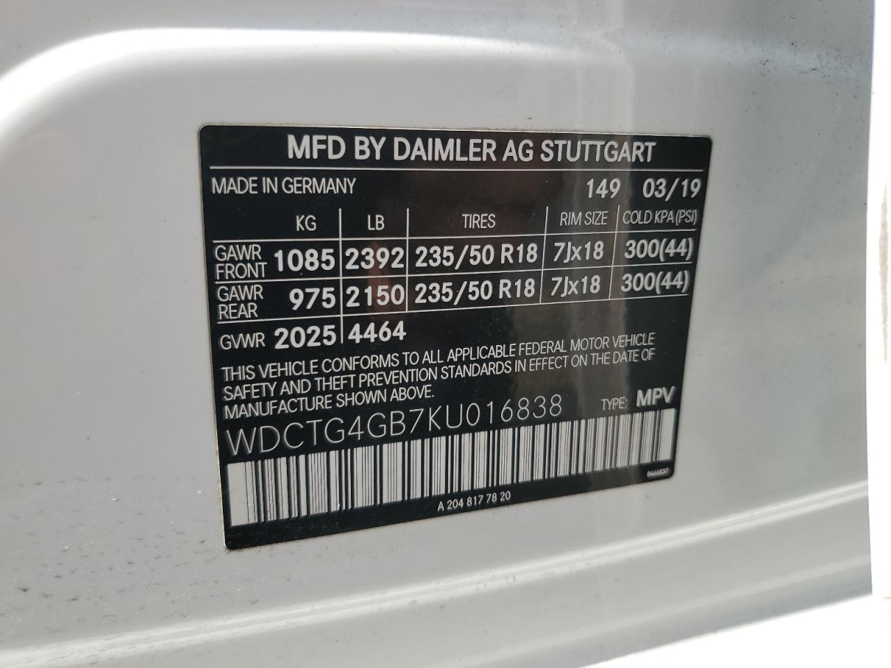 2019 Mercedes-Benz Gla 250 4Matic VIN: WDCTG4GB7KU016838 Lot: 65025275