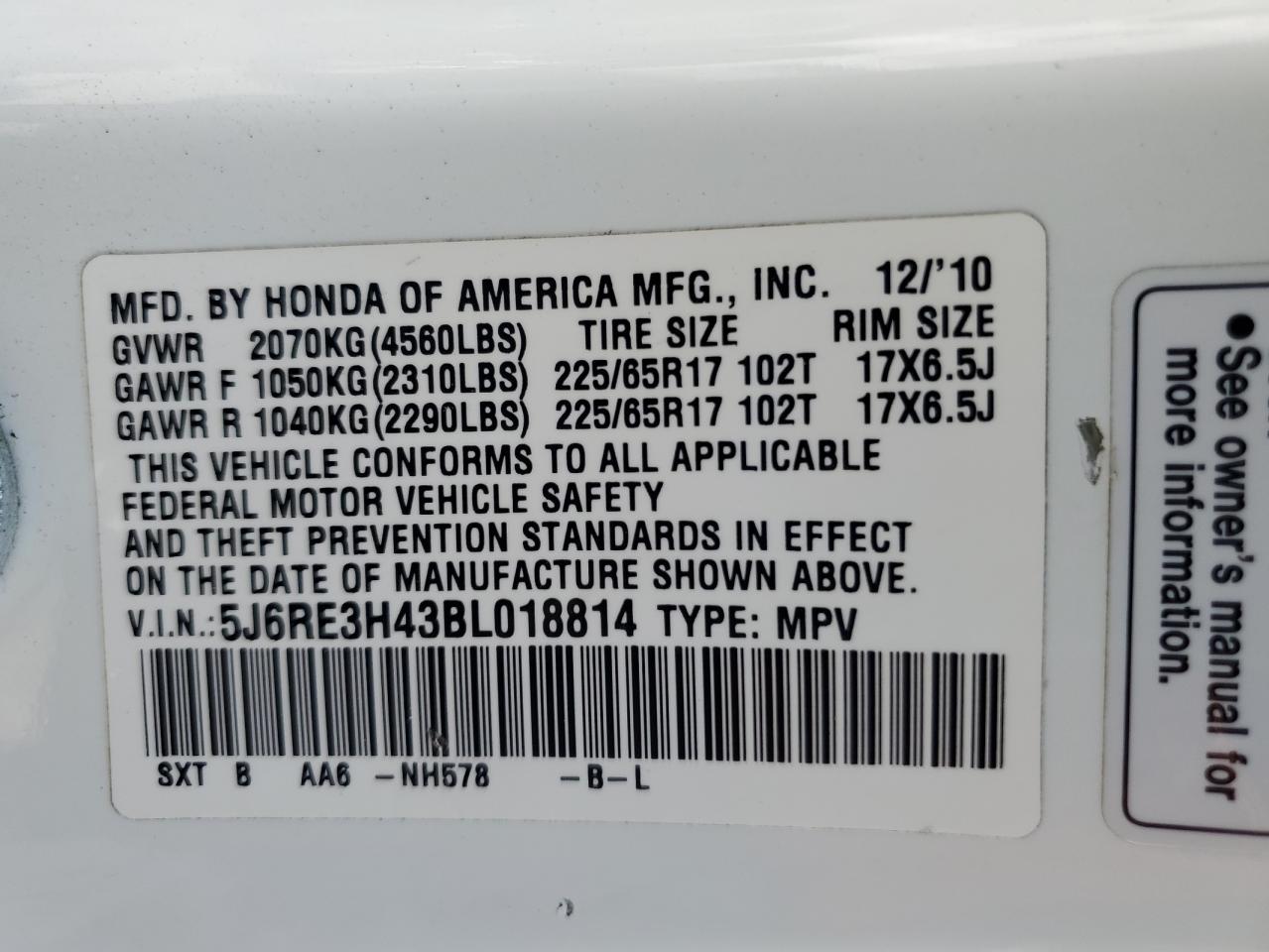 2011 Honda Cr-V Se VIN: 5J6RE3H43BL018814 Lot: 65221895