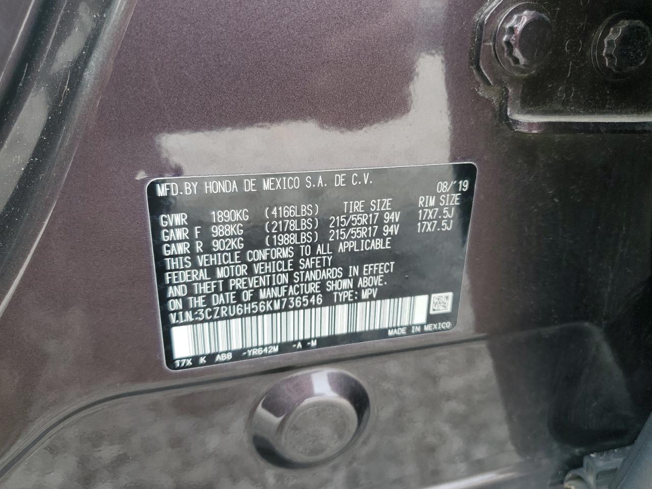 2019 Honda Hr-V Ex VIN: 3CZRU6H56KM736546 Lot: 66832295