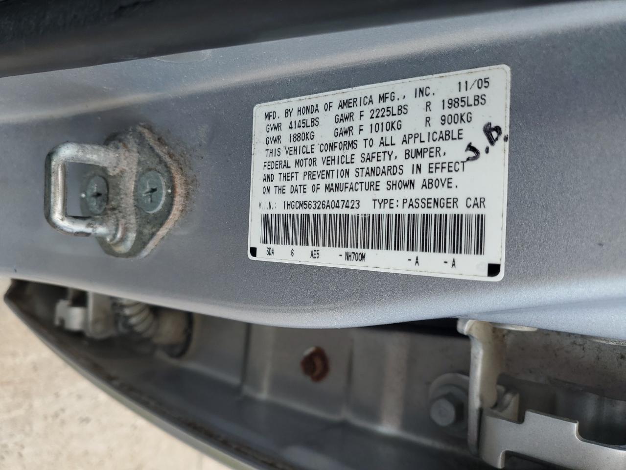 2006 Honda Accord Se VIN: 1HGCM56326A047423 Lot: 66402505