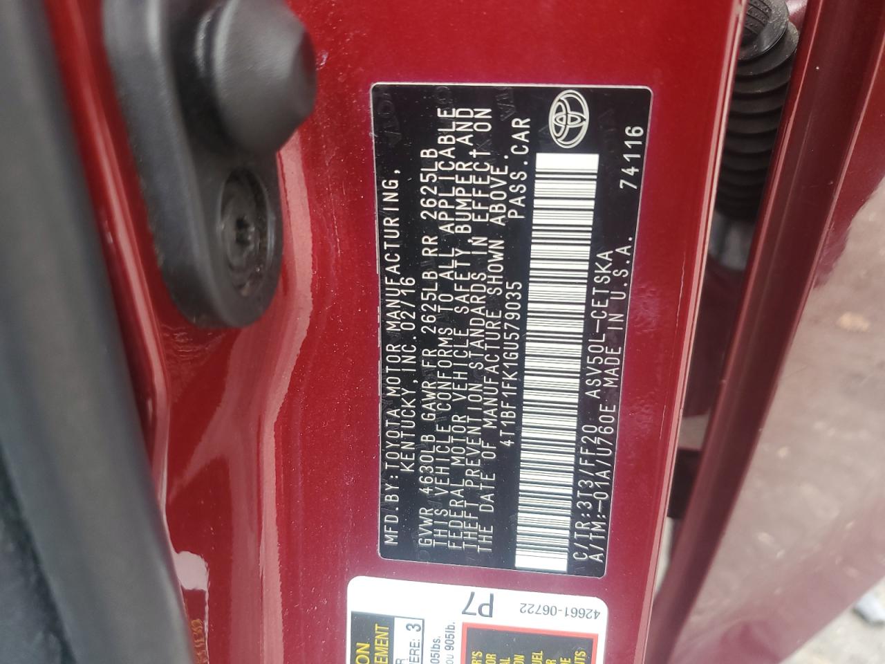 2016 Toyota Camry Le VIN: 4T1BF1FK1GU579035 Lot: 64759525