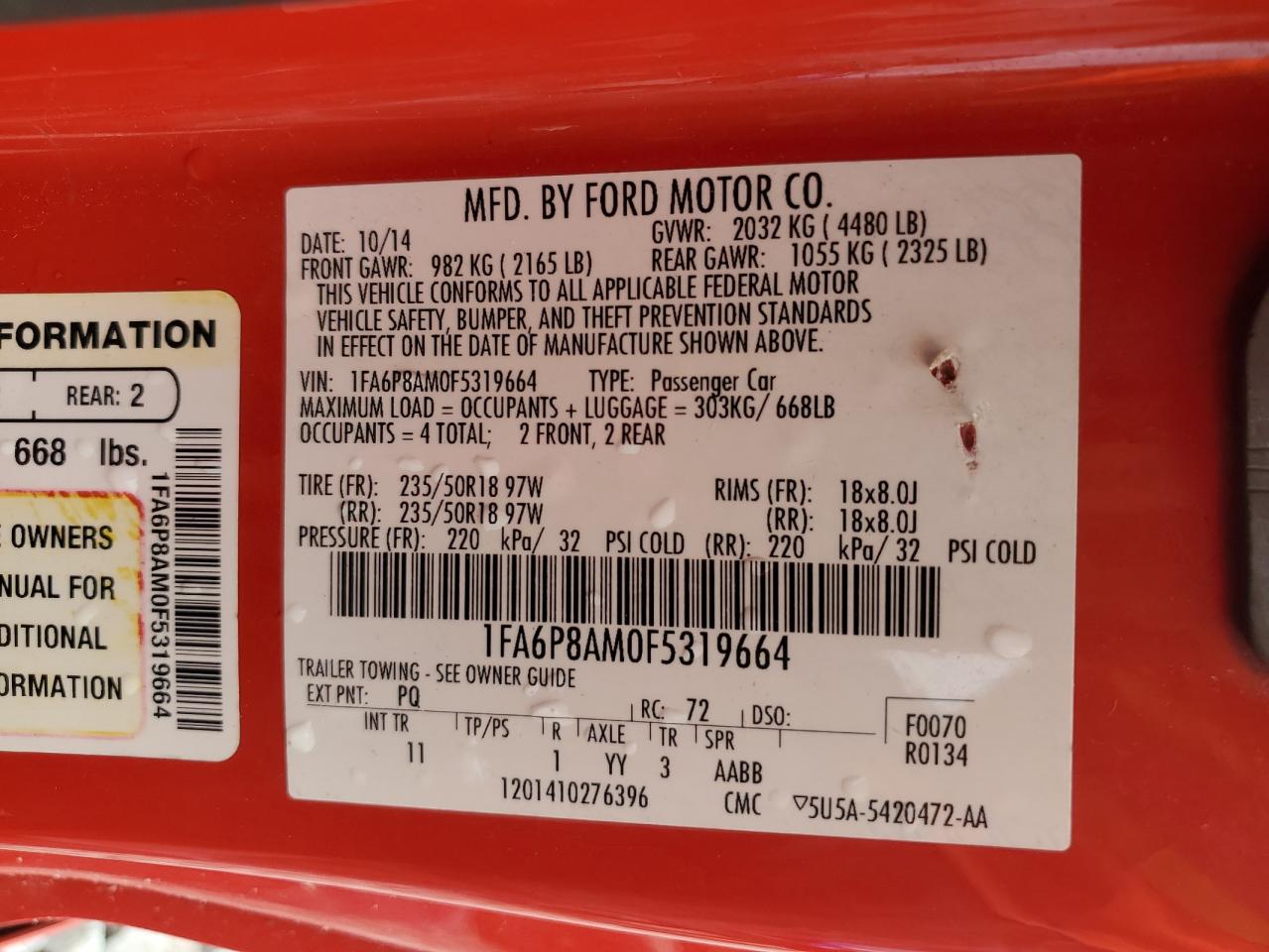 2015 Ford Mustang VIN: 1FA6P8AM0F5319664 Lot: 64679055