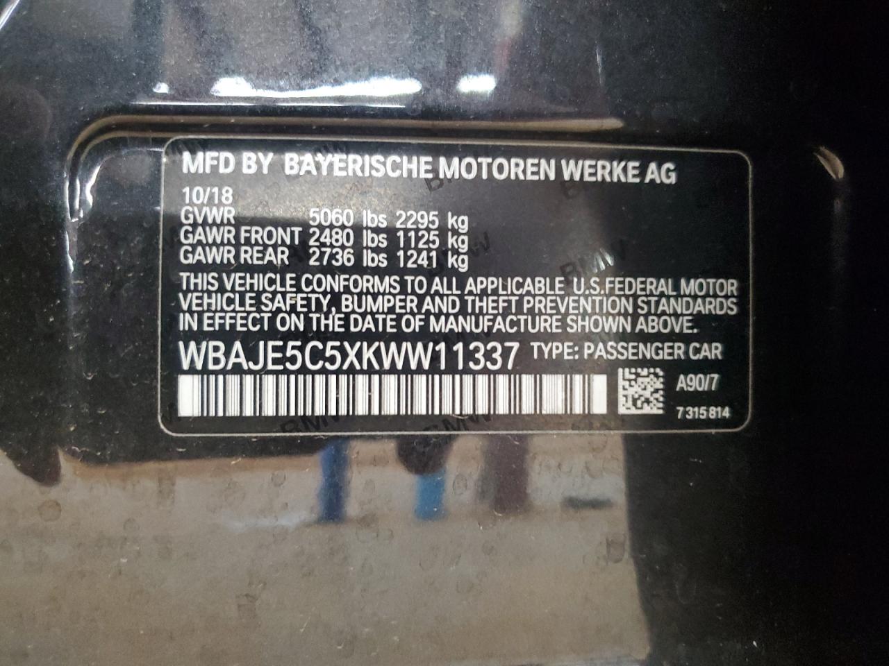 2019 BMW 540 I VIN: WBAJE5C5XKWW11337 Lot: 63293255