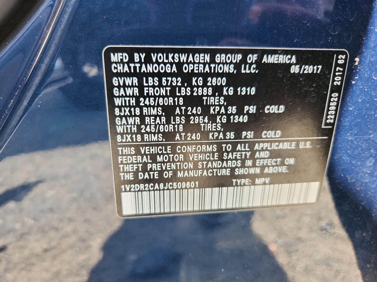 2018 Volkswagen Atlas Se VIN: 1V2DR2CA8JC509601 Lot: 63747935