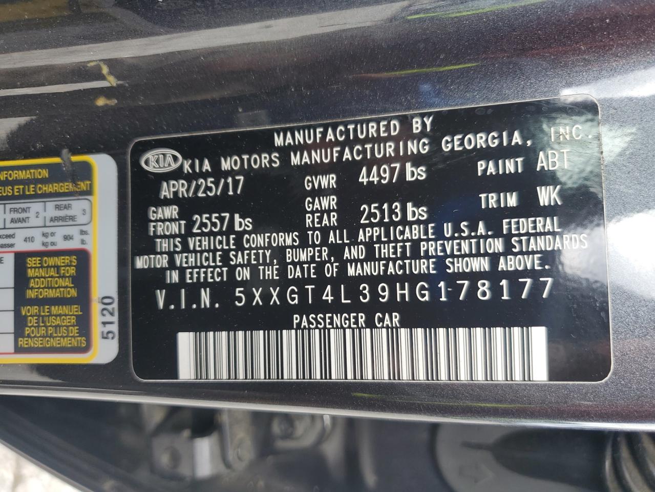 2017 Kia Optima Lx VIN: 5XXGT4L39HG178177 Lot: 62543585