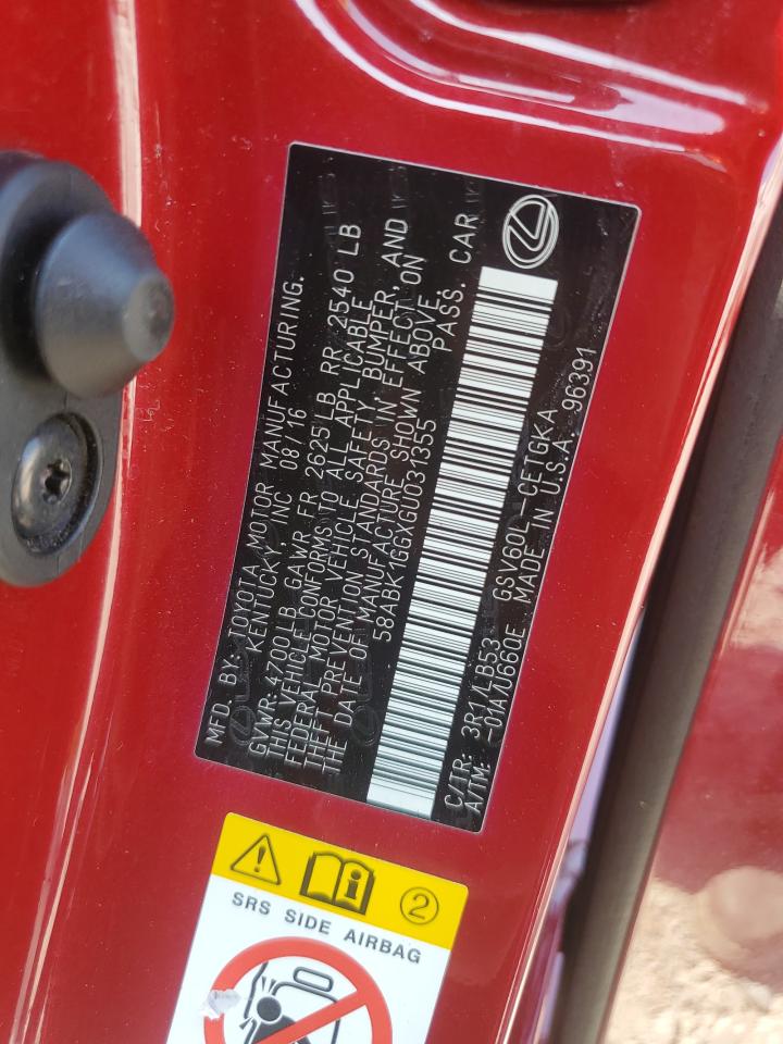 2016 Lexus Es 350 VIN: 58ABK1GGXGU031355 Lot: 65716665