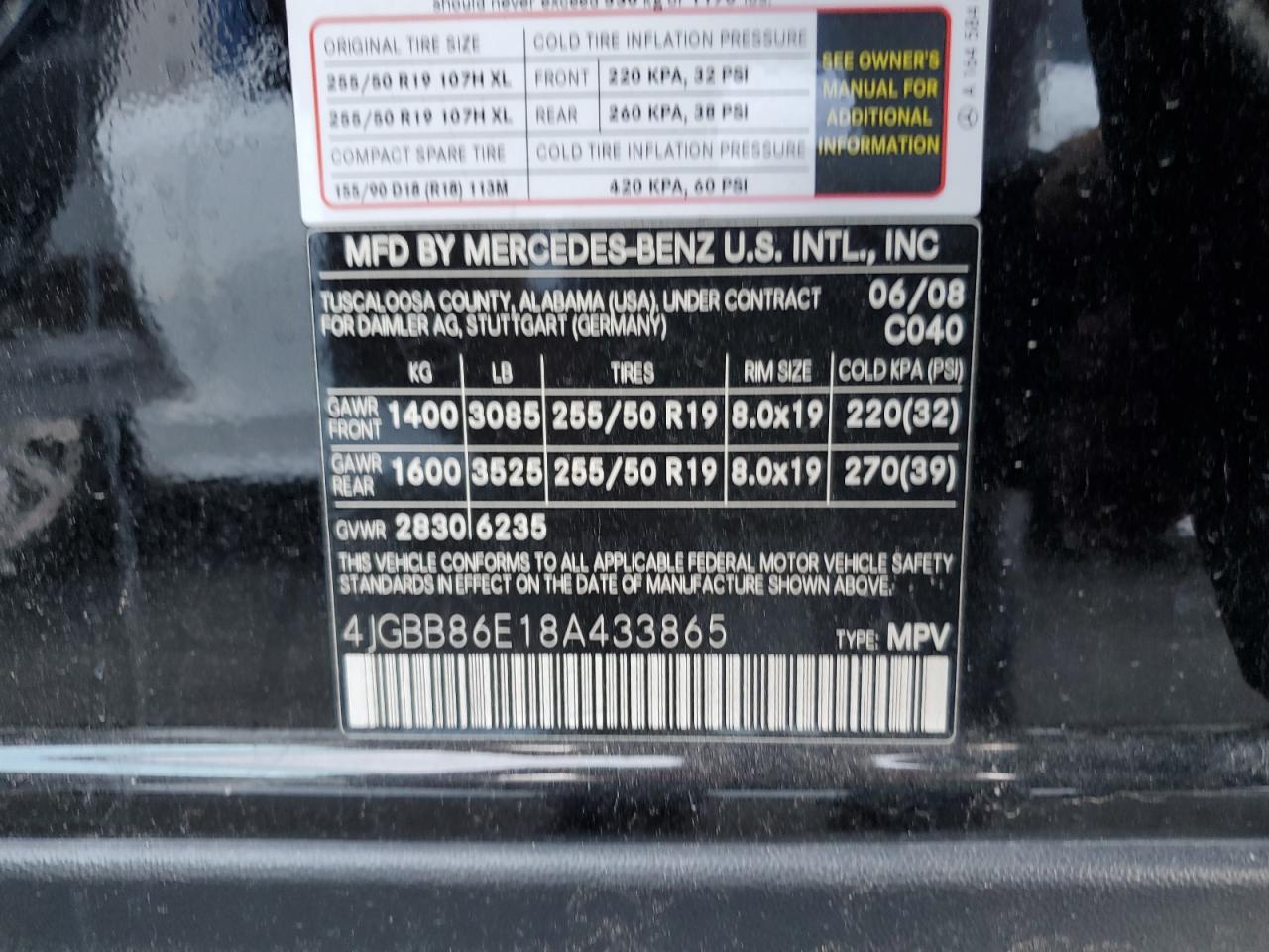 2008 Mercedes-Benz Ml 350 VIN: 4JGBB86E18A433865 Lot: 63650895