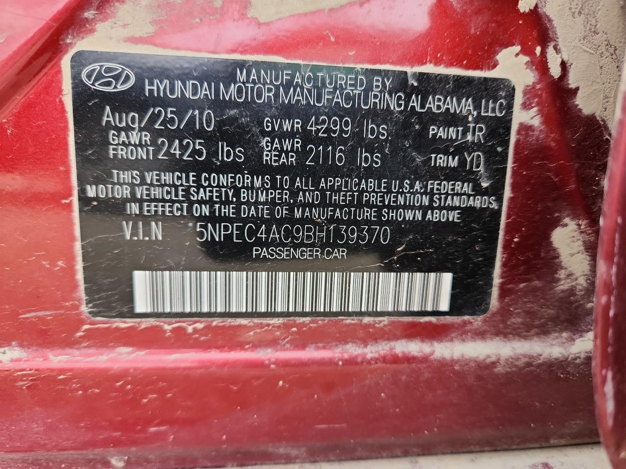 2011 Hyundai Sonata Se VIN: 5NPEC4AC9BH139370 Lot: 64935105