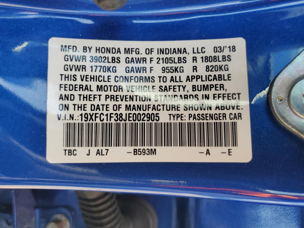 2018 Honda Civic Ex VIN: 19XFC1F38JE002905 Lot: 66697885