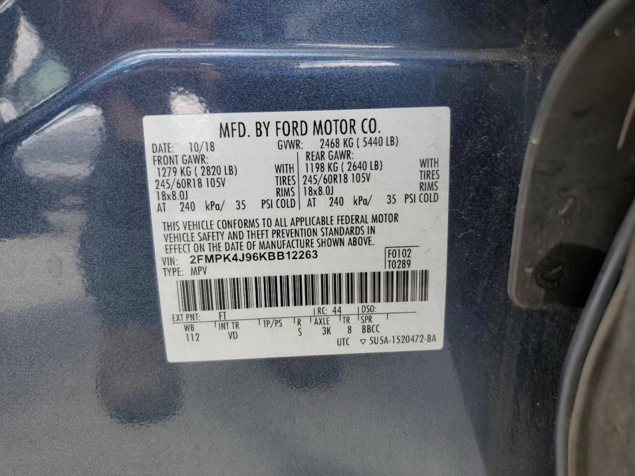 2019 Ford Edge Sel VIN: 2FMPK4J96KBB12263 Lot: 65179625